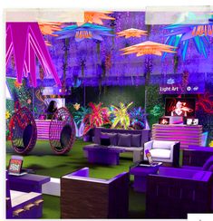 an image of a tv show set with purple and green decorations on the ceiling, couches and tables in front of them