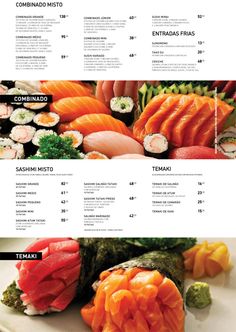 the menu for sushi is shown with different types of vegetables and meats on it