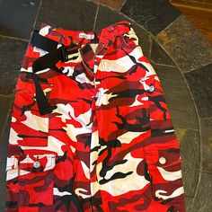 New Without Tags Size Xs- 0 Red Streetwear Cargo Pants, Red Wide Leg Bottoms With Cargo Pockets, Red High Waist Parachute Pants For Streetwear, Red Wide Leg Parachute Pants For Streetwear, Casual Red High-waist Bottoms, Red High Waist Parachute Pants With Pockets, Red Bottoms For Streetwear In Spring, Red High Waist Pants With Cargo Pockets, High Waist Red Pants With Cargo Pockets