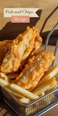 fried fish and chips in a basket with french fries on the side next to it