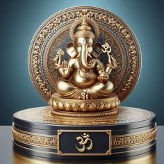 an elephant statue sitting on top of a black and gold plated stand with the word om shanti written below it