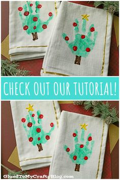 three handprinted christmas trees on napkins with the words, check out our tutorial