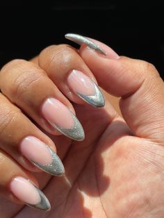 Nails Almond Chrome, French Almond Nails, French Almond, Chrome French, Black Almond Nails, Black And White Nail Art, French Top, Short Almond Nails, White Nail