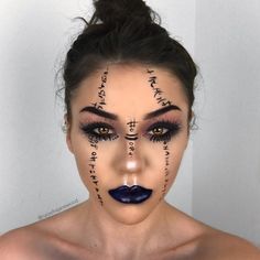 Stitches Makeup Halloween, Face Stitches Halloween Makeup, Halloween Half Face Makeup, Halloween Face Charts Makeup Ideas, Stitching Makeup Halloween, Halloween Party Makeup