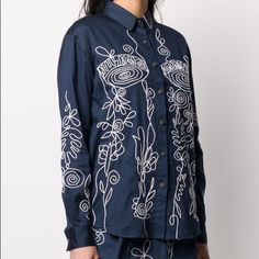 New With Tags! Margot Embroidered Blouse Navy And White Blouse Featuring A Pointed Collar, A Front Button Fastening, Long Sleeves, Fitted Cuffs And An Embroidered Design. Positively Conscious. 100% Organic Cotton Designer Embroidered Shirt For Spring, Designer Embroidered Long Sleeve Shirt, Designer Long Sleeve Embroidered Shirt, Designer Embroidered Long Sleeve Blouse, Long Sleeve Embroidered Silk Top, Designer Embroidered Shirt For Work, Designer Embroidered Workwear Shirt, Silk Tops Blouses, Strapless Crop Top