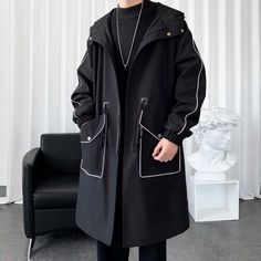 #ad Premium Men Hooded Long Trench Coats Loose Zip Up Open Front Tops Jacket Tops Overcoats, Fashion Mens Jackets Mens Cloak, Coat Korean Style, Coat Korean, Winter Trench, Long Coat Men, Mens Fashion Coat, Streetwear Spring, Men's Trench Coat, Hooded Trench Coat