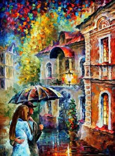 a painting of two people under an umbrella