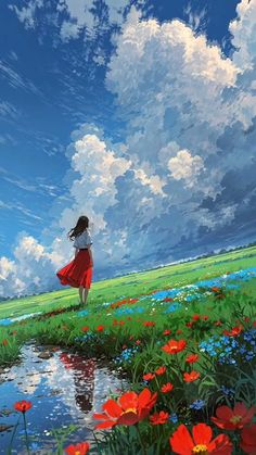 a painting of a girl in a red dress standing on the edge of a field