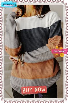 Chestnut Color Block Knitted O-neck Pullover Sweater Brown Ribbed Long Sleeve Sweater, Brown Soft Knit Crew Neck Sweater, Fall Crew Neck Knit Top, Crew Neck Knit Top For Fall, Casual Brown Crew Neck Knit Top, Cozy Brown Crew Neck Sweater, Casual Ribbed Brown Sweater, Casual Brown Ribbed Sweater, Ribbed Crew Neck Sweater For Fall