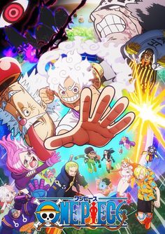 an anime poster with many different characters and their hands in the air, all surrounded by other