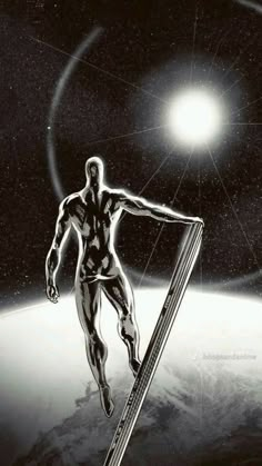 a man standing on top of a metal pole in front of the moon and earth