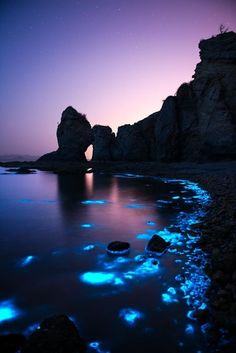 some rocks and water with blue lights on them