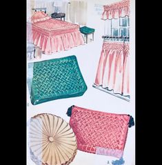 an old fashion illustration shows different types of bedspreads and pillows in various colors