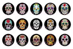 a set of twelve sugar skulls with different colors and designs on the faces, all in black