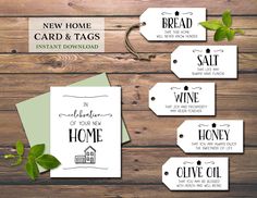 wine gift tags with the words, new home card and tags instant printable templates