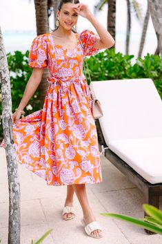 All For Love Orange Floral Midi Dress – Shop The Mint All For Love, Floral Cocktail Dress, Bold Floral Print, Black Tie Dress, Long Sleeve Outerwear, Two Piece Swimwear, Friend Outfits, Romper With Skirt, Work Attire