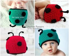 four photos of a baby wearing a crocheted hat with ladybugs on it