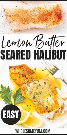 lemon butter seared halibut on a white plate