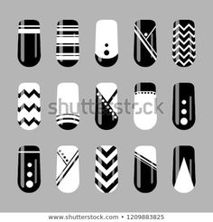 Nail Designs With Black And White, Geometrical Nail Art, Nail Art Designs Black And White, Black Nails White Design, Nail Template Designs, White Nails With Black Designs, Nails Ideas Black And White, Black White Nails Designs, Nails Design Black And White