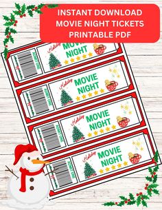 printable christmas movie night tickets with snowman and santa hat on them, in front of