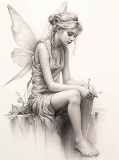 a pencil drawing of a fairy sitting on top of a rock with her hands in her pockets