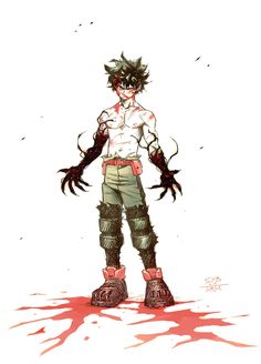 an anime character standing in front of a white background with blood splattered on it