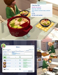 two screens showing people cooking food in the kitchen and on the computer screen, there is an animated image of a woman standing next to a bowl of food