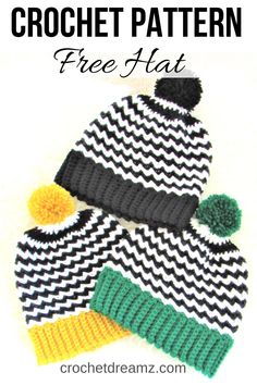 the crochet hat pattern is shown with two pom poms