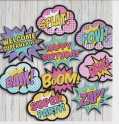 birthday party decorations with comic speech bubbles