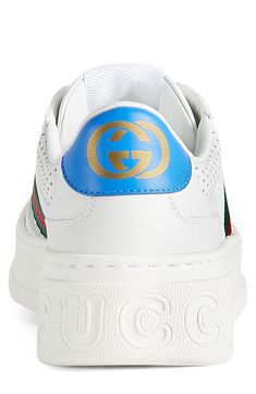 Red- and green-striped webbed accents and the interlocking G logo bring signature Gucci style to this low-top sneaker set in a chunky platform cupsole. Lace-up style Leather upper and lining/rubber sole Made in Italy Women's Designer Shoes Designer Shoes Gucci, Gucci Style, Shoes Gucci, G Logo, Gucci Fashion, Chunky Platform, Footwear Design Women, Green Stripes, Up Styles