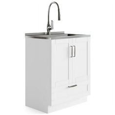 a white cabinet with a sink and faucet