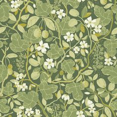 a green and white wallpaper with leaves and flowers