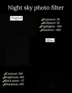 the night sky photo filterr is shown in black and white, with text below it