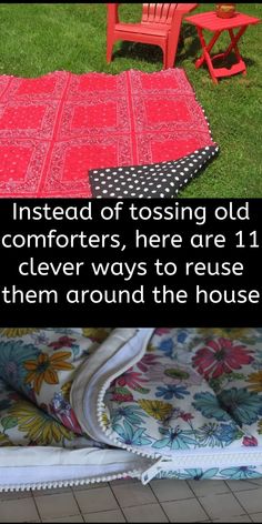 an image of a blanket laying on the ground next to a red chair and table