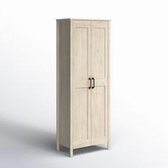 a tall wooden cabinet with two doors on one side and an open door on the other