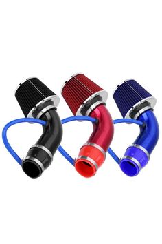 three different colored air intake hoses on a white background