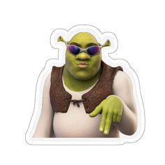 a sticker with an image of a green creature wearing sunglasses and a brown vest