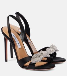 Bow Tie crystal-embellished satin sandals in black - Aquazzura | Mytheresa Pop Shoes, Minimal Shoes, Satin Sandals, Aquazzura Shoes, Mid Heels Pumps, Mid Heel Sandals, Ankle Boots Flat, Kitten Heel Pumps, Evening Shoes