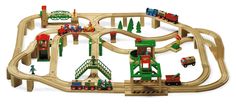 a wooden toy train set with cars and tracks