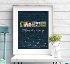 a framed photo with the words, 50 things not to love you on it next to a potted plant