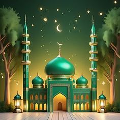 an image of a beautiful mosque in the middle of the night with stars and moon