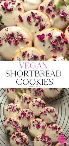 vegan shortbread cookies with white frosting and sprinkles