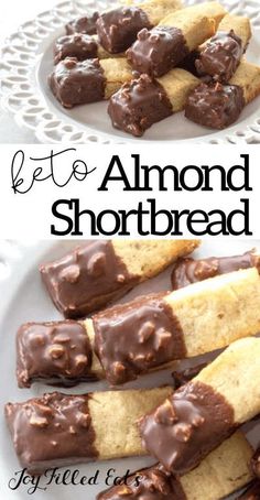 chocolate dipped shortbreads on a plate with the words let't be almond shortbread