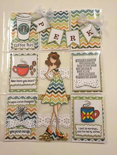 a card with coffee related items on it and some words written in the middle, along with an image of a woman holding a cup