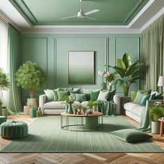 a living room with green walls and wooden flooring is furnished with white furniture, potted plants and greenery