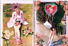 two pictures of a woman sitting on the ground with flowers in her hair and holding a white purse