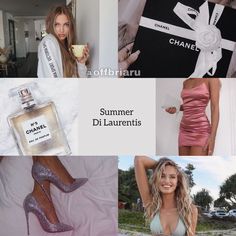 a collage of photos with models and perfumes