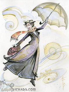 a drawing of a woman holding an umbrella in her hand while flying through the air