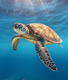 a sea turtle swimming in the ocean with sunlight shining on it's back and head