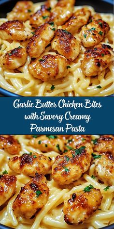 garlic butter chicken bites with savory creamy parmesan pasta in a skillet